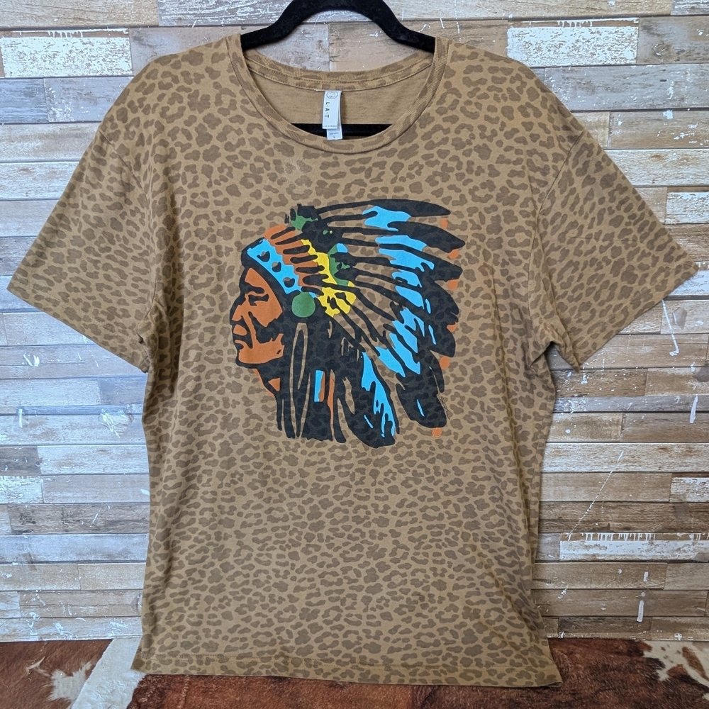 Live And Tell L. A. T Leopard Print Indian Headdress Graphic Tee